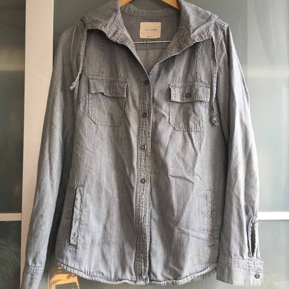 Striped button up jacket with hood
